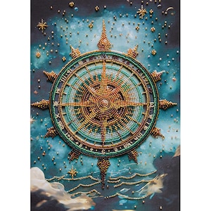 Kit de bordado com miçangas - Bússola celestial, bordado de estrelas, bússola dourada com miçangas