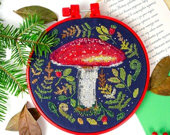 Cross Stitch Kit - Forest Handsome, Magical Woodland Toadstool, Mushroom Embroidery, Amanita Mushroom, DIY Forest Decor