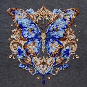 Bead Embroidery Kit - Royal Butterfly, Insect Embroidery, Beaded Blue Butterfly
