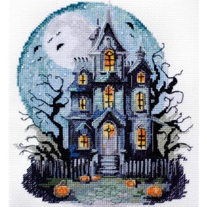 May include: A spooky, dark blue and gray haunted house with glowing windows, a white picket fence, and pumpkins in front of it. The house is set against a backdrop of a full moon and a starry night sky.