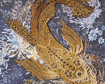 Perlenstickerei Kit - Geld Fisch, Gold Koi Perlen, Fisch Stickerei, DIY Wanddeko