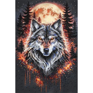 May include: A mosaic-style artwork featuring a wolf's face, created with small, sparkling beads. The image includes a full moon, silhouetted pine trees, and fiery orange and red accents. The overall theme is a night scene.