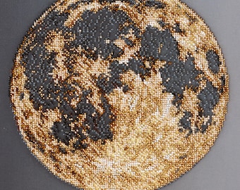 Bead Embroidery Kit - Golden Moon, Moon Embroidery, DIY Full Moon