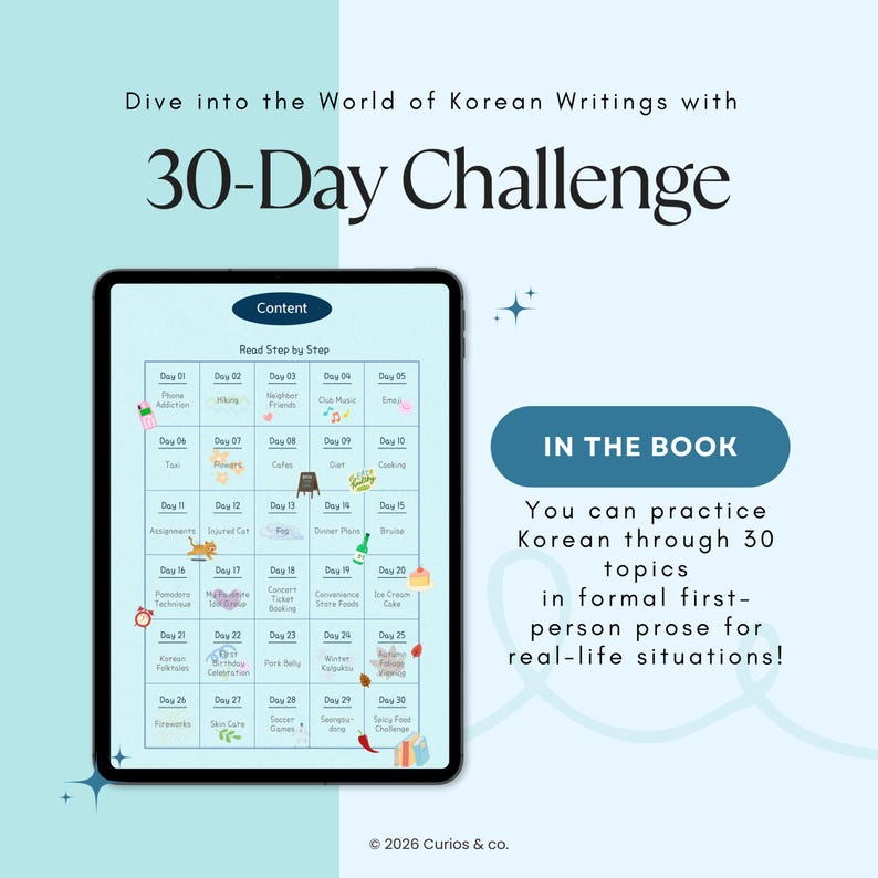 May include: A digital tablet displays a 30-Day Korean language learning challenge. The screen shows a calendar with daily topics, including phone addiction, cafes, and fireworks. Text reads "In the Book" and "You can practice Korean through 30 topics."