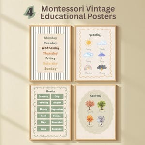 Op de afbeelding: Vier ingelijste educatieve posters met de titel Montessori Vintage Educational Posters. Eén toont de dagen van de week, één toont weericonen, één somt de maanden van het jaar op in groene vakjes en één toont vier bomen die de seizoenen weergeven.