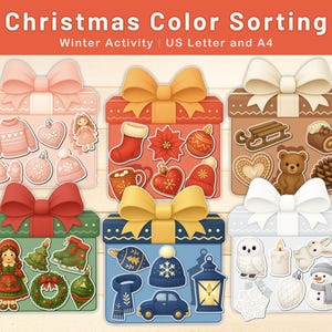 以下が含まれることがあります： クリスマスカラーソーティングアクティビティ。6つのギフトボックスがあり、それぞれ異なる色のリボンが付いています。各ボックスには、オーナメント、セーター、雪だるまなど、冬をテーマにした切り抜きが含まれています。「Christmas Color Sorting」の文字が上部にあります。