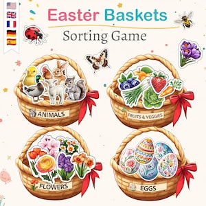 May include: A colorful Easter basket sorting game with four baskets labeled "Animals", "Fruits & Veggies", "Flowers", and "Eggs".  The baskets are filled with various Easter-themed items, including a duck, a chick, a lamb, a squirrel, a strawberry, a carrot, a bunch of green onions, blueberries, flowers, and decorated eggs.