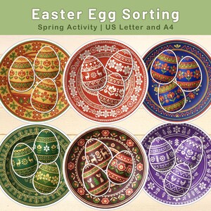 May include: Six colorful plates with decorated Easter eggs. Each plate features a different color scheme, including red, green, blue, and purple. The text "Easter Egg Sorting" and "Spring Activity" is at the top.