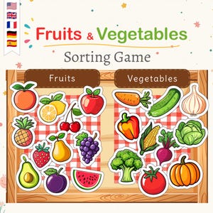 May include: A colorful educational game for kids featuring a sorting activity with fruits and vegetables. The game board has two sections, one for fruits and one for vegetables. The fruits include a pineapple, strawberry, avocado, plum, watermelon, apple, cherry, pear, grapes, lemon, and orange. The vegetables include a carrot, zucchini, garlic, bell pepper, corn, beet, broccoli, tomato, and pumpkin.