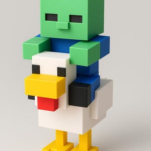 K&ouml;nnte beinhalten: Eine Minecraft-Figur eines gr&uuml;nk&ouml;pfigen Charakters, der auf einem wei&szlig;en Huhn reitet. Der Charakter hat einen gr&uuml;nen Blockkopf, einen blauen Torso und gr&uuml;ne Arme. Das Huhn hat einen gelben Schnabel, eine rote Zunge und gelbe F&uuml;&szlig;e.