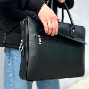 Leather Laptop Bag, Black Leather Briefcase for Men, Handmade Office Bag