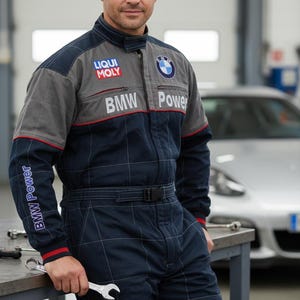 BMW Power Jumpsuit: Embroidered Mechanic Overall, Motor Sport Fan Apparel