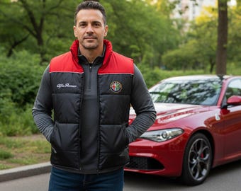 Giacca gilet Alfa Romeo con loghi auto ricamati, abbigliamento per tifosi del motorsport