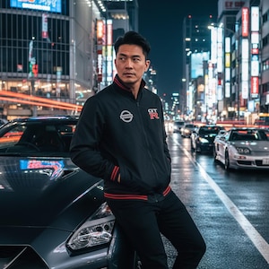 Chaqueta bomber Nissan GTR: logotipos de coches bordados, ropa para aficionados al automovilismo.
