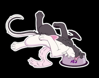 May include: A sticker of a cartoon cat, lying upside down with its head in a purple food bowl. The cat is white and gray with a pink belly. The bowl has the letters "RJ" on it.