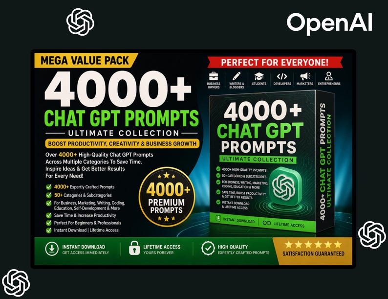 May include: A promotional image for "4000+ Chat GPT Prompts: Ultimate Collection." The design features a book with a green and white logo, and text highlighting features like high-quality prompts, categories, and lifetime access. The OpenAI logo is visible.
