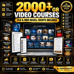 Könnte beinhalten: Ein digitales Produktpaket mit über 2000 GB an Videokursen inklusive PLR- und MRR-Wiederverkaufsrechten. Die Darstellung umfasst einen Laptop, ein Smartphone und ein Tablet mit Kursübersichten sowie Informationen zu lebenslangem Zugriff.