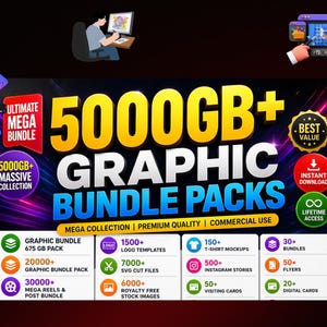 Puede incluir: Anuncio de un paquete de recursos gráficos con el texto "5000GB+ GRAPHIC BUNDLE PACKS". La imagen incluye iconos de plantillas de logotipos, maquetas de camisetas y contenido de redes sociales. También presenta las palabras "MEGA COLLECTION | PREMIUM QUALITY | COMMERCIAL USE."
