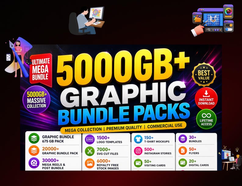 5000GB+ Graphic Bundle Packs | SVG, Logos, Templates, T-shirts (instant ...