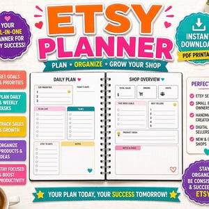 Könnte beinhalten: Ein offener Planer mit dem Titel "ETSY PLANNER" in Orange und Pink. Der Planer enthält Abschnitte für Tagespläne, Shop-Übersicht und Zielsetzung. Er enthält auch den Text "Sofort-Download! PDF druckbar."