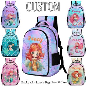 Sac à dos personnalisé sirènes, cadeau de rentrée personnalisé pour fille, cartable avec prénom personnalisé, sac à lunch/pochette à crayons personnalisé, cadeau d'anniversaire personnalisé