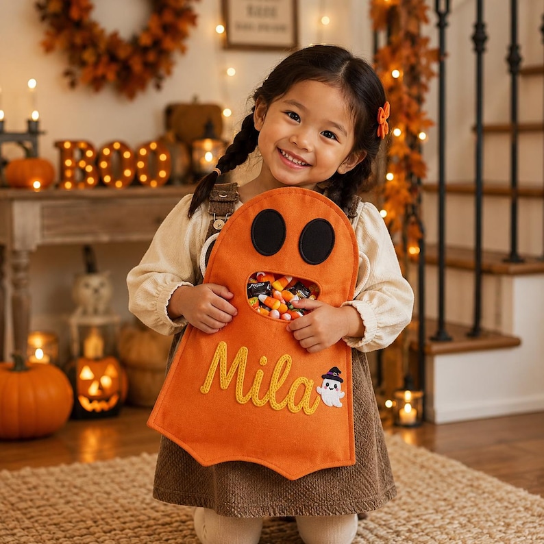 Personalized Ghost Halloween Candy Bag, Custom Name Trick or Treat Tote ...