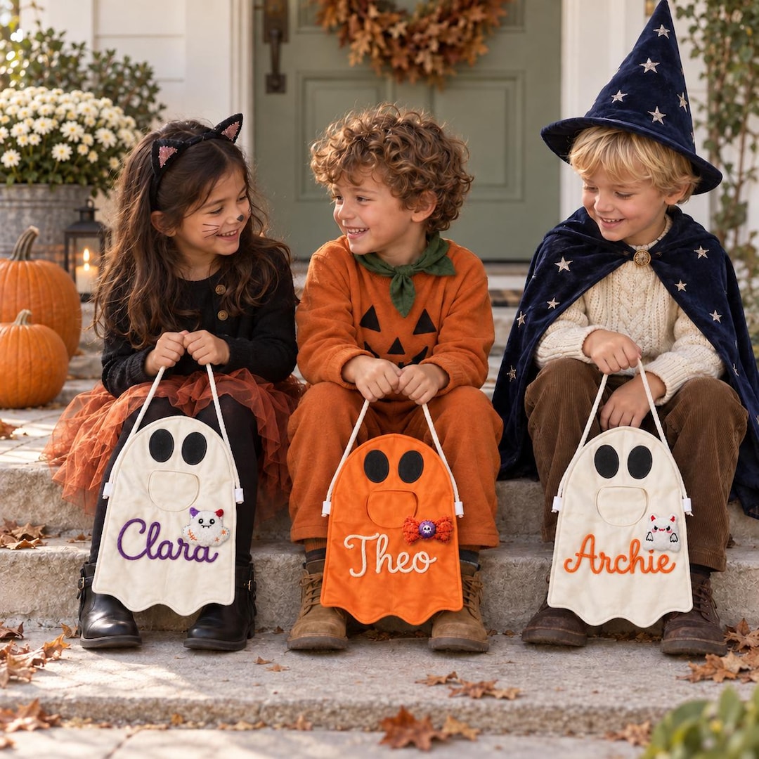 Personalized Ghost Halloween Candy Bag, Custom Name Trick or Treat Tote ...