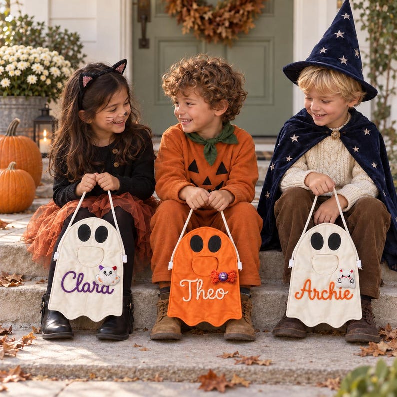 Personalized Ghost Halloween Candy Bag, Custom Name Trick or Treat Tote ...