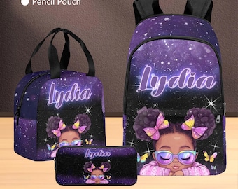 Custom Black Gril Backpack Gifts,Custom Back to School Gift for Kids,Custom Afro Girl Gifts,Custom Lunch Bag/Pencil Pouch with Name,Bookbag
