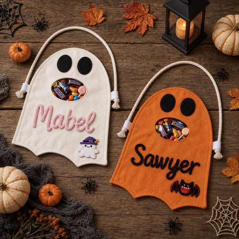 Personalized Ghost Halloween Candy Bag, Custom Name Trick or Treat Tote ...
