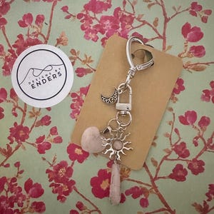 Rose Quartz Purse Charm Wire Wrapped Crystal Bag Tag Keychain Wallet Accessories Mindfulness Moon Sun and Heart Charm Clip Love Self Love