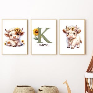 Decorazione murale per cameretta con mucca delle Highlands in stile Boho, decorazione murale personalizzata per bambina, set di 3 stampe di simpatici animali per la cameretta dei neonati, decorazione con girasoli
