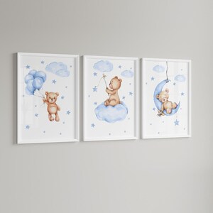 Stampe per cameretta con tenero orsetto, set di 3 stampe da parete per neonati, collezione di decorazioni da appendere nello spazio per neonati, decorazione moderna per la camera da letto dei bambini, senza cornice.