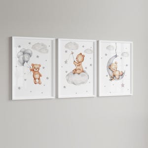 Stampe per cameretta con tenero orsetto di peluche, decorazioni murali unisex per la cameretta dei bambini, set di 3 poster acquerellati, decorazioni per cameretta per bambini, spazio per bambini