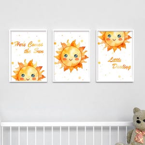 Decorazione per cameretta dei bambini "Here Comes the Sun", set di 3 stampe ad acquerello / decorazione unisex per baby shower, opera d'arte senza cornice per la cameretta dei bambini