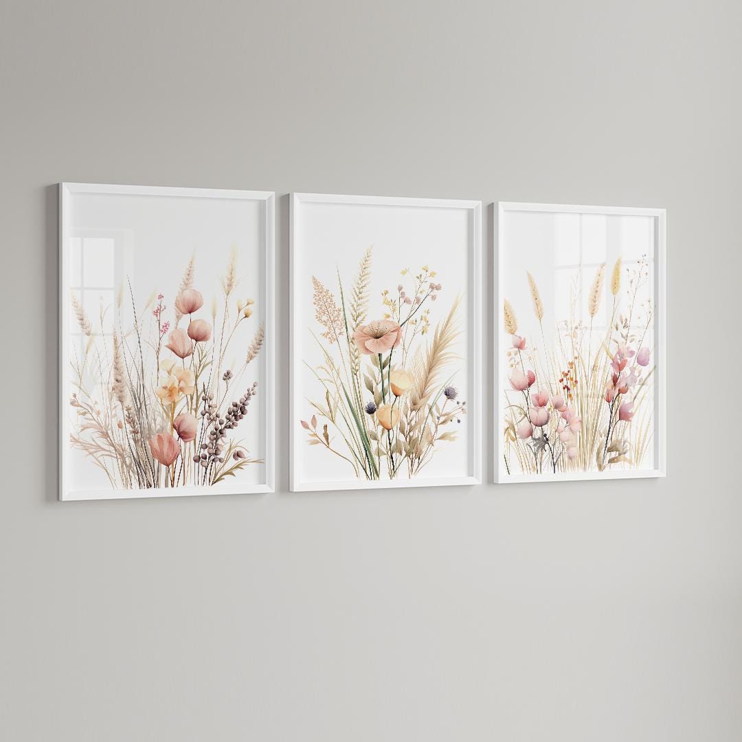 Boho Wildflowers Wall Art Set of 3 Prints, Light Pink, Sage Green and ...