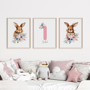 Regalo personalizzato per neonata, set di 3 stampe ad acquerello, idea regalo per neonati, cartello con nome personalizzato per la cameretta dei bambini, grazioso coniglietto per la cameretta dei bambini.