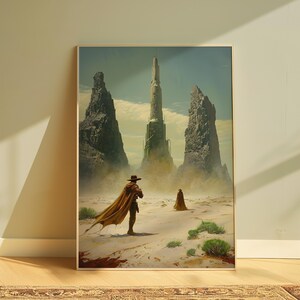 Puede incluir: Impresión artística enmarcada que representa un paisaje desértico con una estructura imponente y dos figuras en la distancia. Las figuras llevan sombreros y capas. La paleta de colores incluye tonos beige, marrón y azul, creando una sensación de misterio.