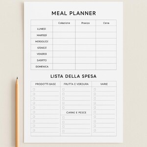 May include: A printable meal planner and grocery list in Italian. The planner has sections for breakfast, lunch, and dinner for each day of the week. The grocery list is divided into sections for basic products, fruit and vegetables, meat and fish, and other items.