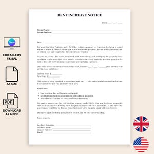 Plantilla de aviso de aumento de alquiler para arrendadores, PDF imprimible de Canva, carta de aumento de alquiler editable, formulario de aviso para inquilinos, contrato de arrendamiento (una página)