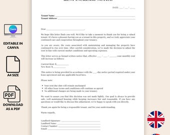 Rent Increase landlord Notice Template, Canva Printable PDF, Editable Rental Increase Letter, Tenant Notice Form, Lease, One Page