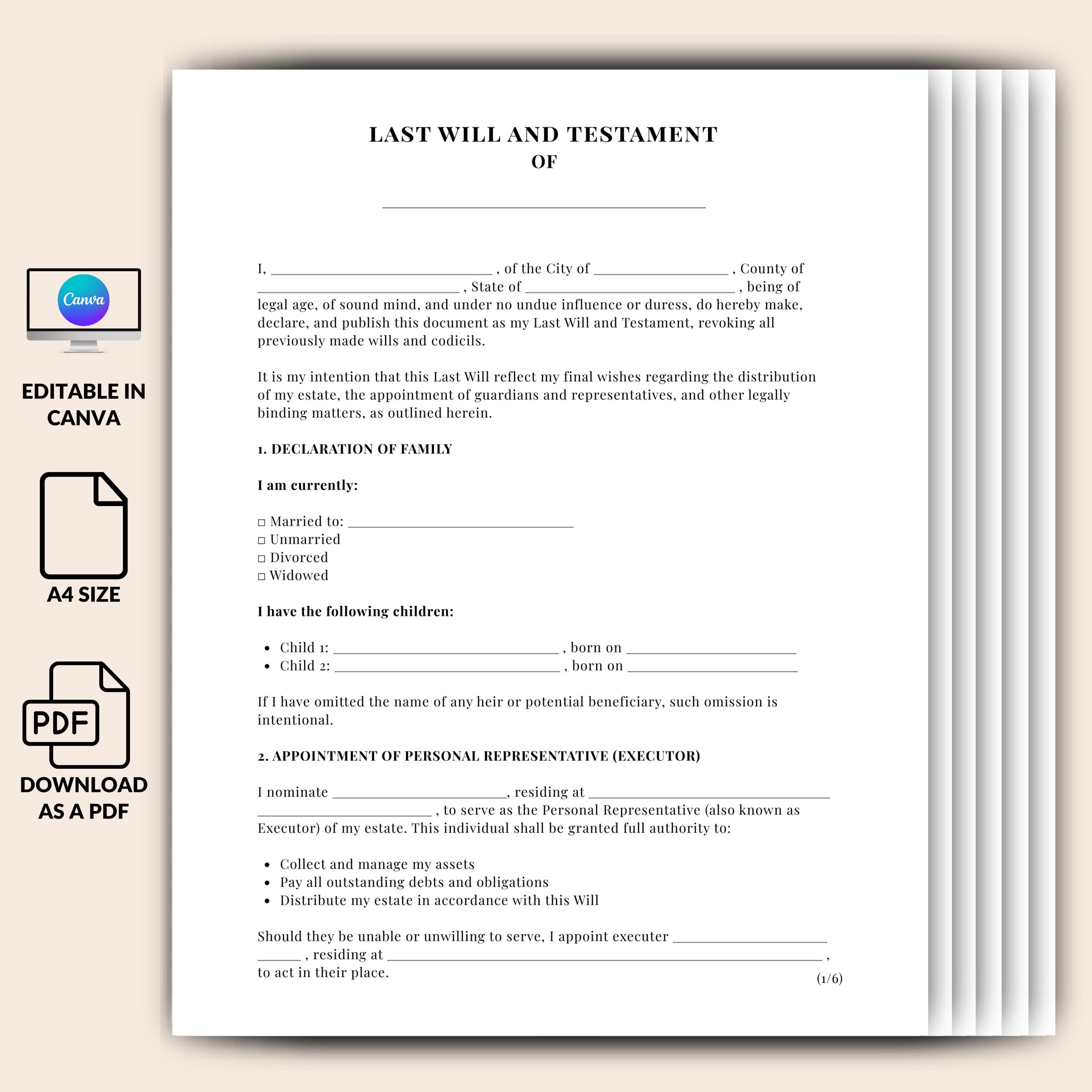 Last Will and Testament Template, Editable Printable Will Form, Simple ...