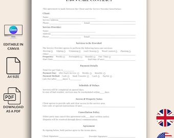Gazononderhoudscontract, eenvoudige bewerkbare landschapsovereenkomst, canva-sjabloon, pdf, afdrukbaar maaiserviceformulier, contractsjabloon gazononderhoud