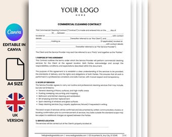 Modèle de contrat de nettoyage commercial, contrat de service de conciergerie modifiable Canva, formulaire de nettoyage de bureaux et de propriétés, téléchargement immédiat, Royaume-Uni