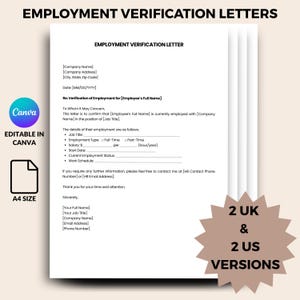 Employment Verification Letter Template, Editable in Canva, Job Proof of Employment Letter, Customise and Download, UK US Versions Included
