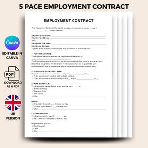 UK Employment Contract Agreement Template, Printable HR Form for Employers & Employees, Editable Canva PDF, Instant Download A4 Form