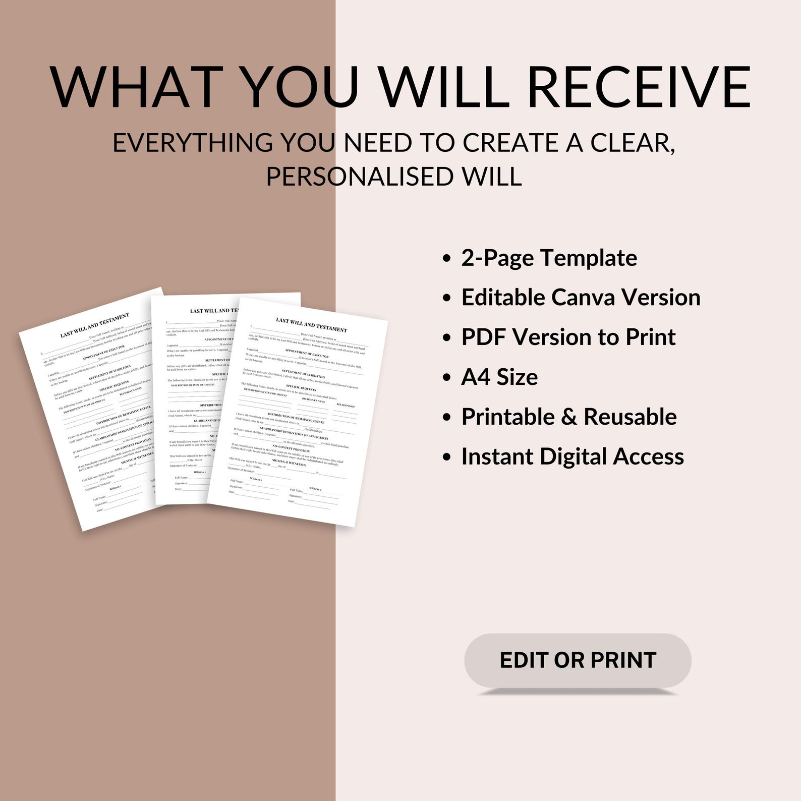 Editable Last Will and Testament Template, Printable One Page Will Form ...