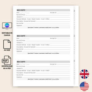 Receipt Template Printable, Customer Payment Receipt, Editable Rent or Business Receipt, Canva PDF, UK & US Versions, One page, Receipts