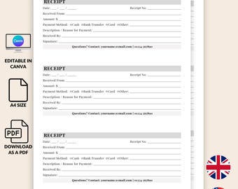 Quittungsvorlage zum ausdrucken, Kundenzahlungsquittung, bearbeitbare Rente oder Geschäftsquittung, Canva PDF, UK- und US-Version, eine Seite, Quittungen