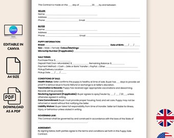 Editable Puppy Sale Contract Template, Printable One Page Puppy Agreement with Deposit Terms, Canva PDF Download, Dog Buyer Seller, UK & US
